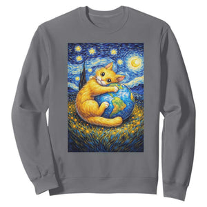 Earth Day Sweatshirt Starry Night Cat Hugging Earth TS12 Charcoal Print Your Wear