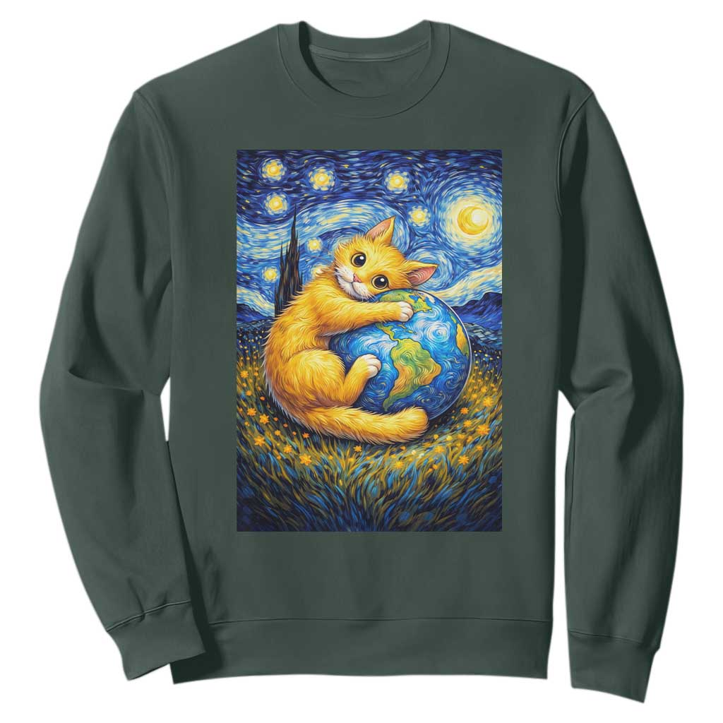 Earth Day Sweatshirt Starry Night Cat Hugging Earth TS12 Dark Forest Green Print Your Wear