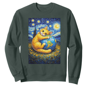 Earth Day Sweatshirt Starry Night Cat Hugging Earth TS12 Dark Forest Green Print Your Wear