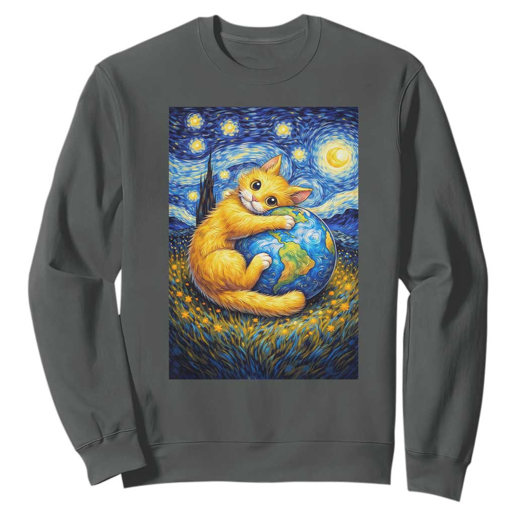 Earth Day Sweatshirt Starry Night Cat Hugging Earth TS12 Dark Heather Print Your Wear