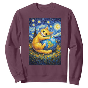 Earth Day Sweatshirt Starry Night Cat Hugging Earth TS12 Maroon Print Your Wear