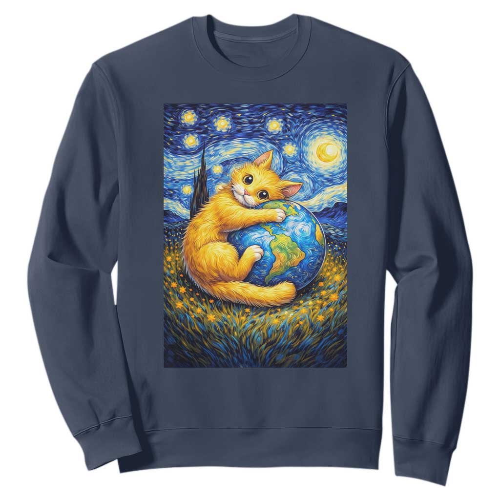 Earth Day Sweatshirt Starry Night Cat Hugging Earth TS12 Navy Print Your Wear