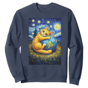 Earth Day Sweatshirt Starry Night Cat Hugging Earth TS12 Navy Print Your Wear