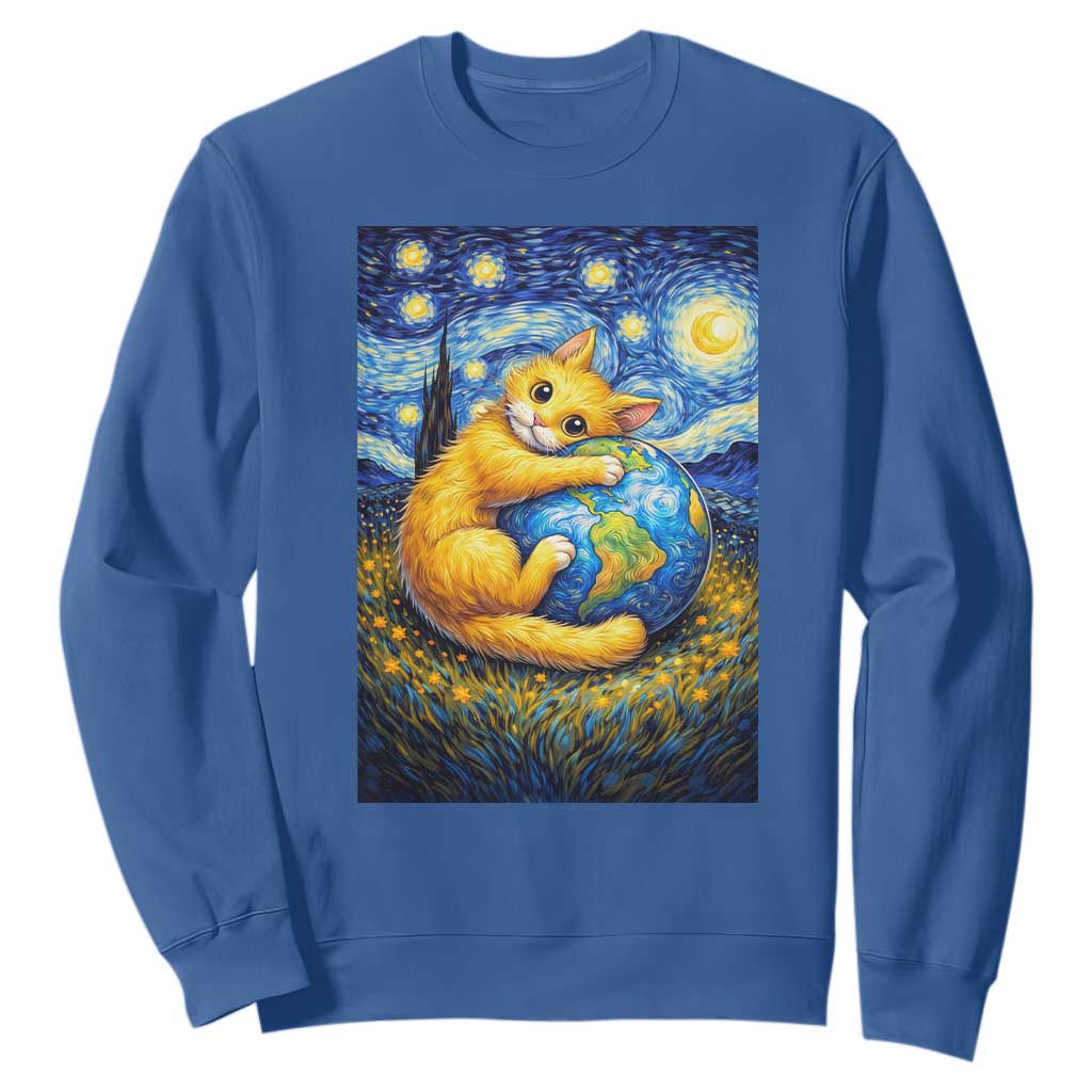 Earth Day Sweatshirt Starry Night Cat Hugging Earth TS12 Royal Blue Print Your Wear