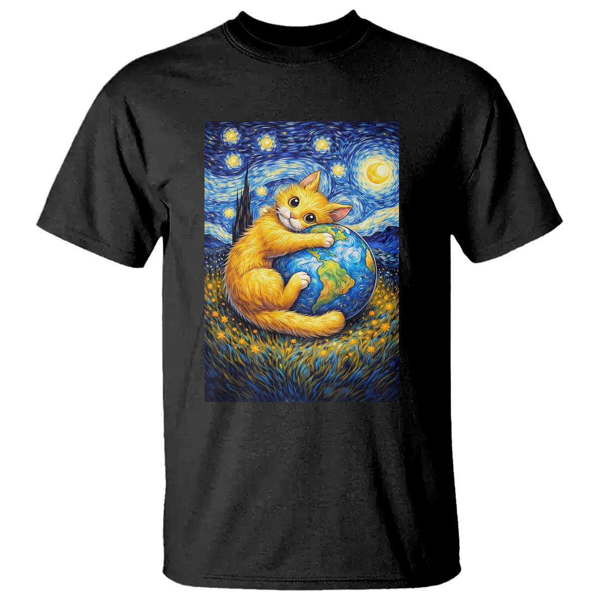 Earth Day T Shirt Starry Night Cat Hugging Earth TS12 Black Print Your Wear