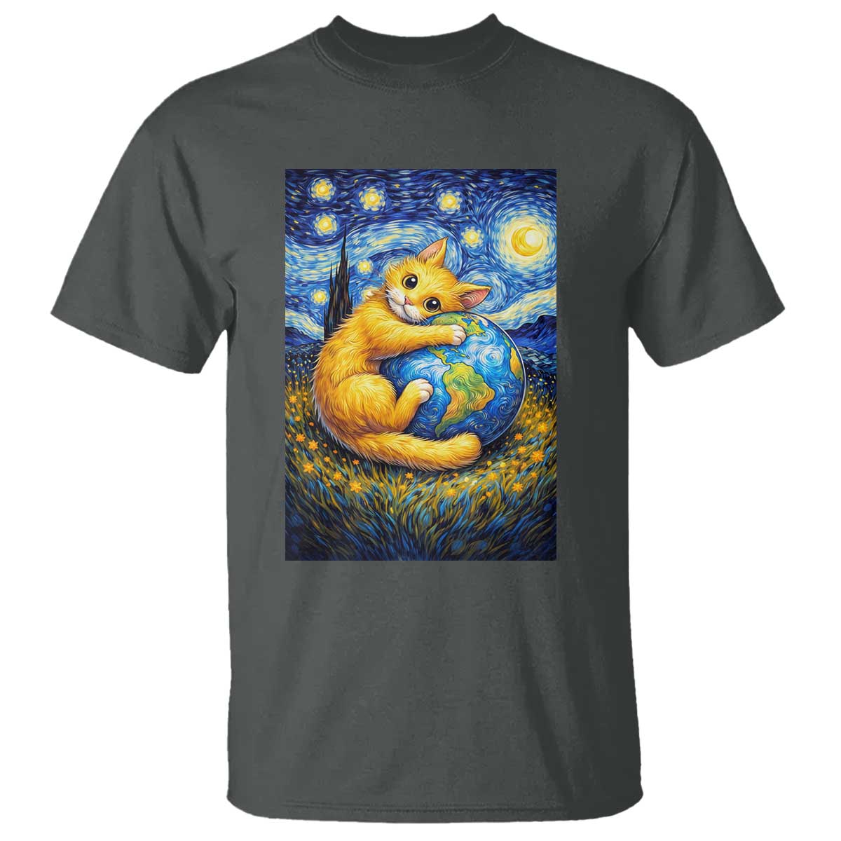 Earth Day T Shirt Starry Night Cat Hugging Earth TS12 Dark Heather Print Your Wear