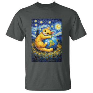 Earth Day T Shirt Starry Night Cat Hugging Earth TS12 Dark Heather Print Your Wear