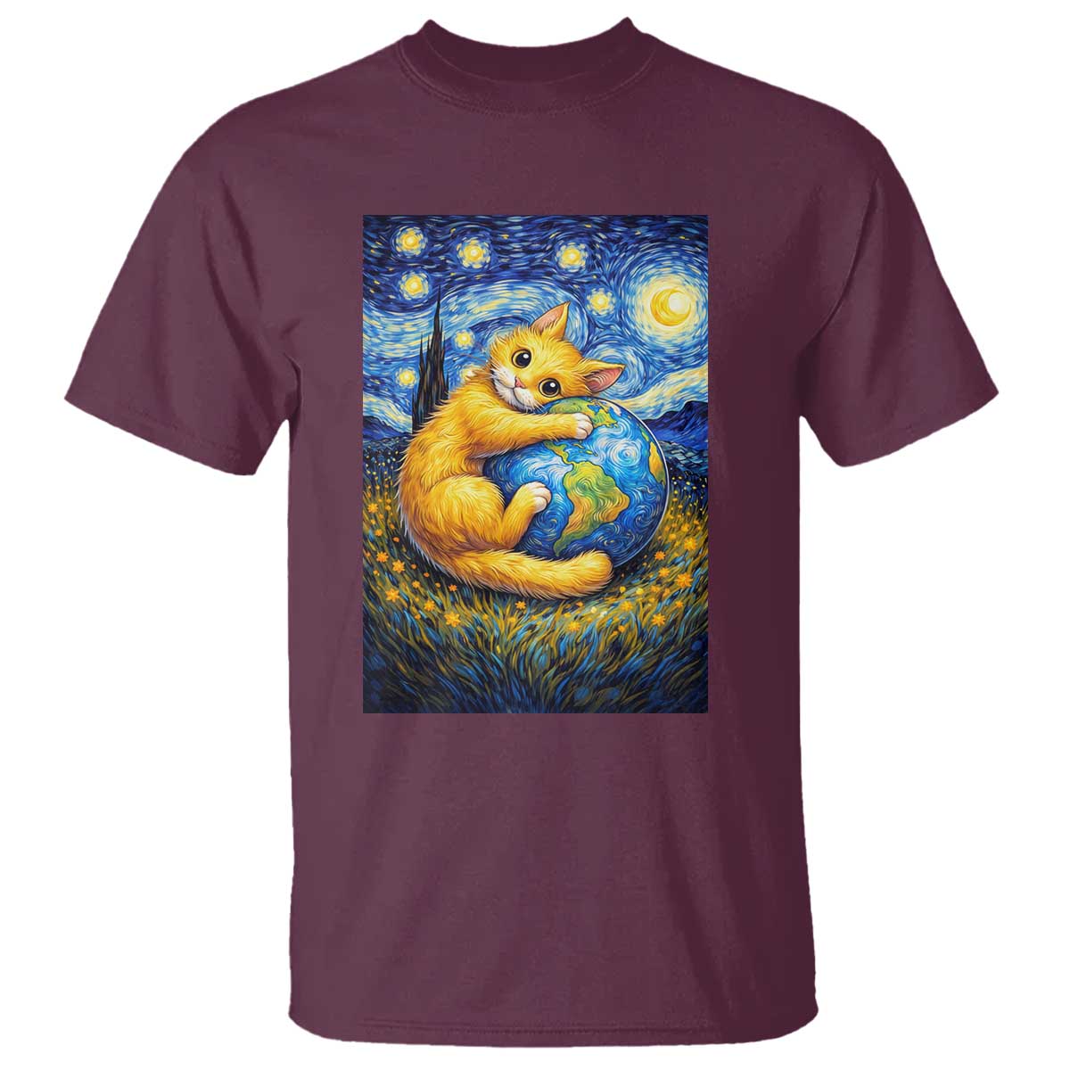 Earth Day T Shirt Starry Night Cat Hugging Earth TS12 Maroon Print Your Wear