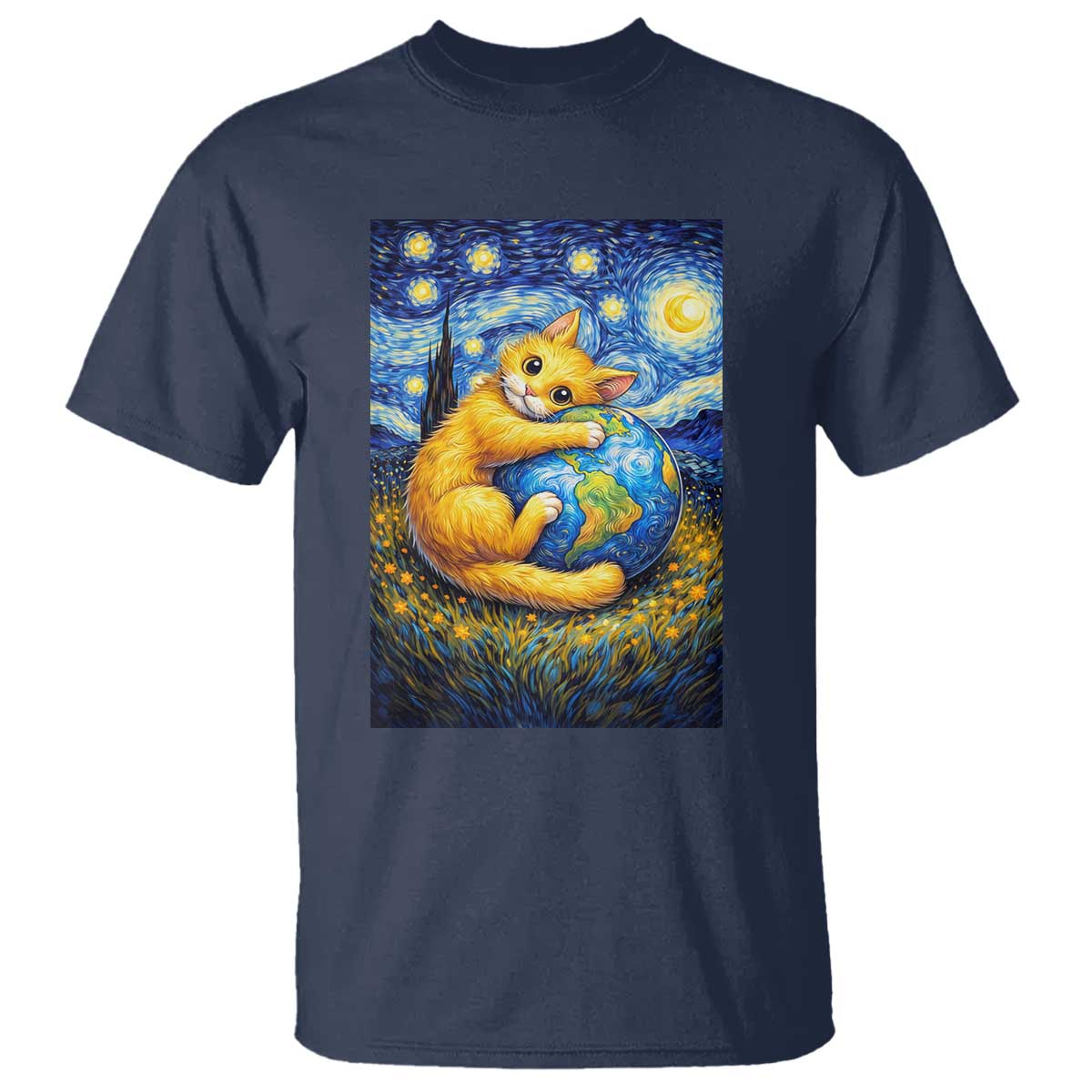 Earth Day T Shirt Starry Night Cat Hugging Earth TS12 Navy Print Your Wear