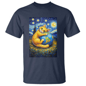 Earth Day T Shirt Starry Night Cat Hugging Earth TS12 Navy Print Your Wear