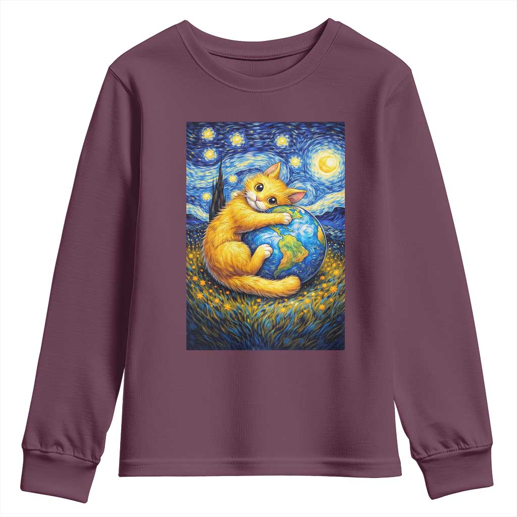 Earth Day Youth Sweatshirt Starry Night Cat Hugging Earth TS12 Maroon Print Your Wear