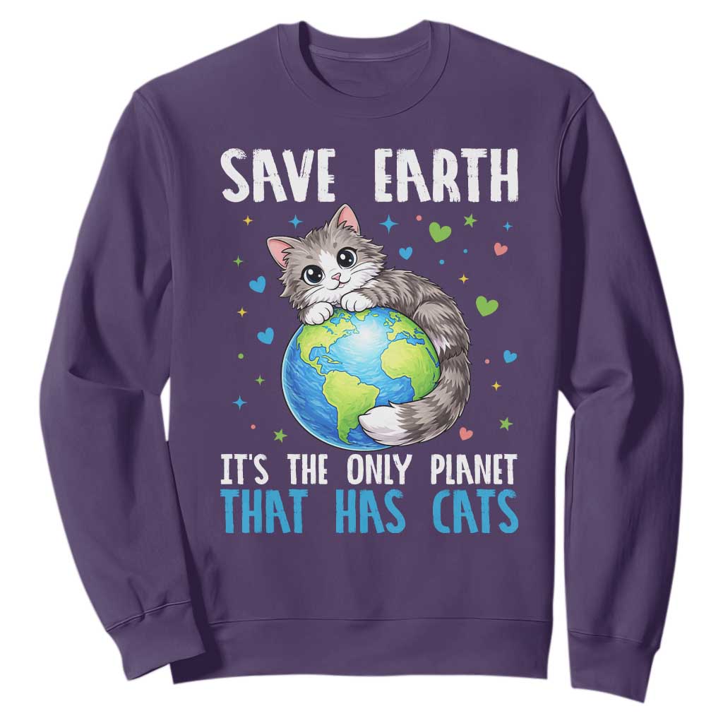 Earth Day Sweatshirt Save Earth Its The Only Planet With Cats TS12 Purple Print Your Wear