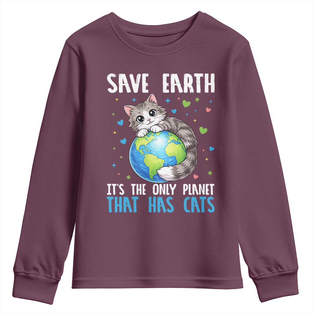 Earth Day Youth Sweatshirt Save Earth Its The Only Planet With Cats TS12 Maroon Print Your Wear