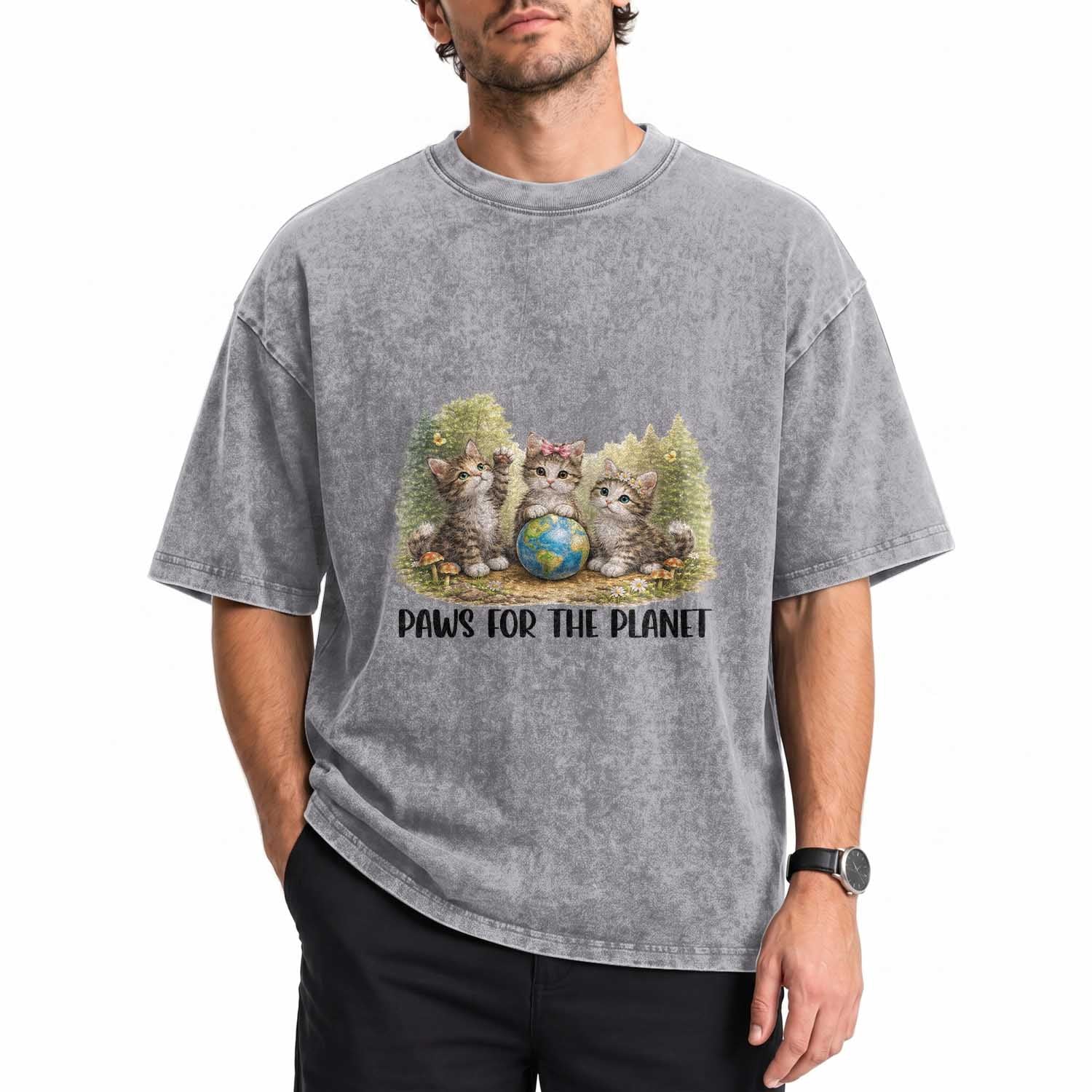 Earth Day Cat Lover Washed Cotton T-Shirt Paws For The Planet
