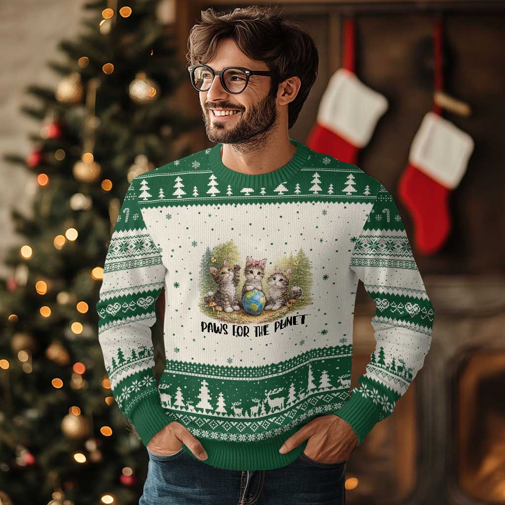 Earth Day Cat Lover Ugly Christmas Sweater Paws For The Planet TS12 Beige Green Print Your Wear