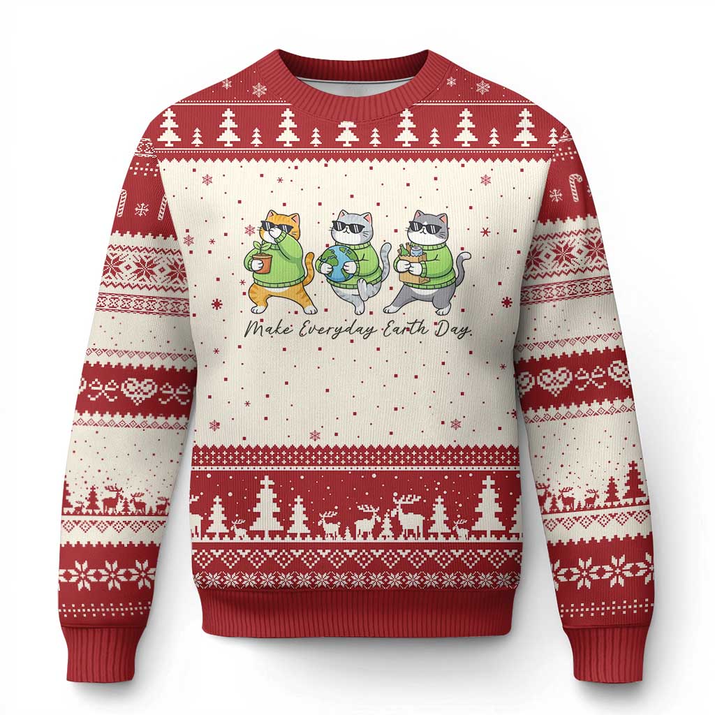 Make Everyday Earth Day Ugly Christmas Sweater Eco Friendly Cat Lover TS12 Beige Red Print Your Wear