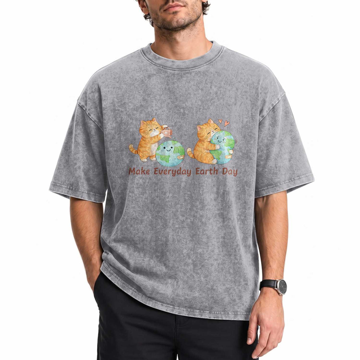 Make Everyday Earth Day Washed Cotton T-Shirt Cute Cat Healing Planet Earth