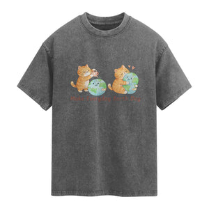 Make Everyday Earth Day Washed Cotton T-Shirt Cute Cat Healing Planet Earth