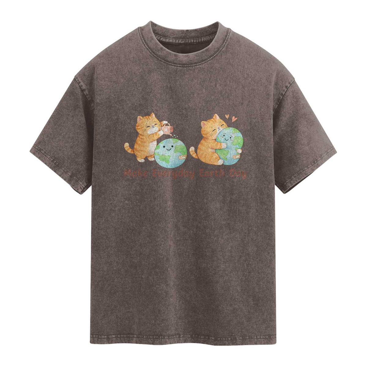 Make Everyday Earth Day Washed Cotton T-Shirt Cute Cat Healing Planet Earth