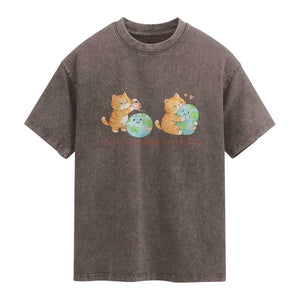 Make Everyday Earth Day Washed Cotton T-Shirt Cute Cat Healing Planet Earth