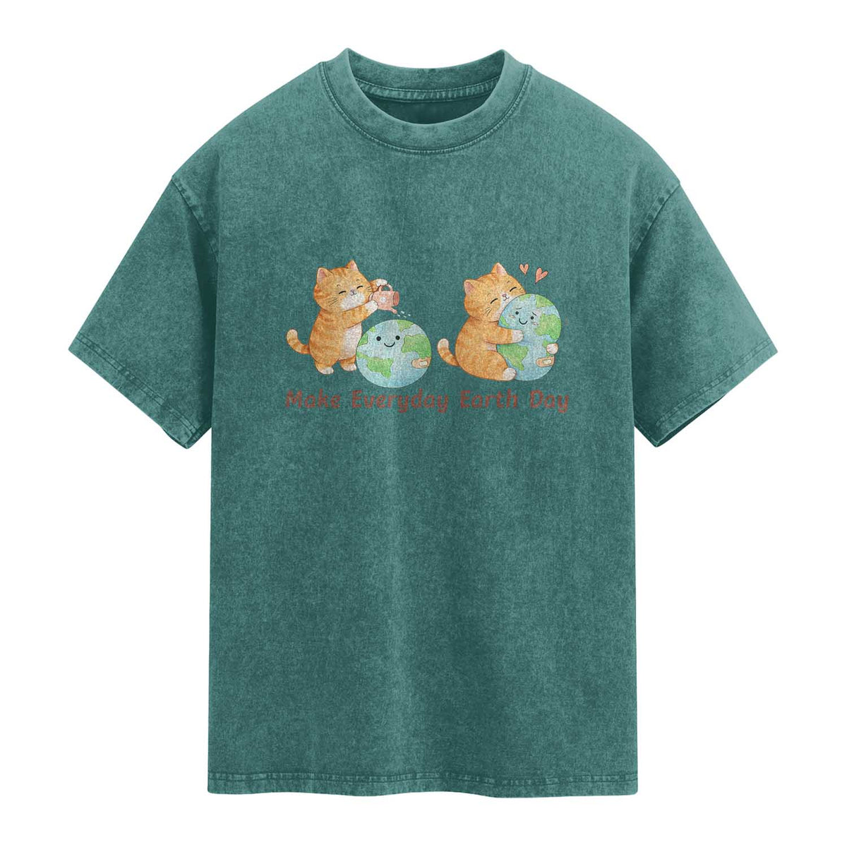 Make Everyday Earth Day Washed Cotton T-Shirt Cute Cat Healing Planet Earth