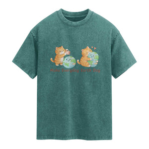 Make Everyday Earth Day Washed Cotton T-Shirt Cute Cat Healing Planet Earth