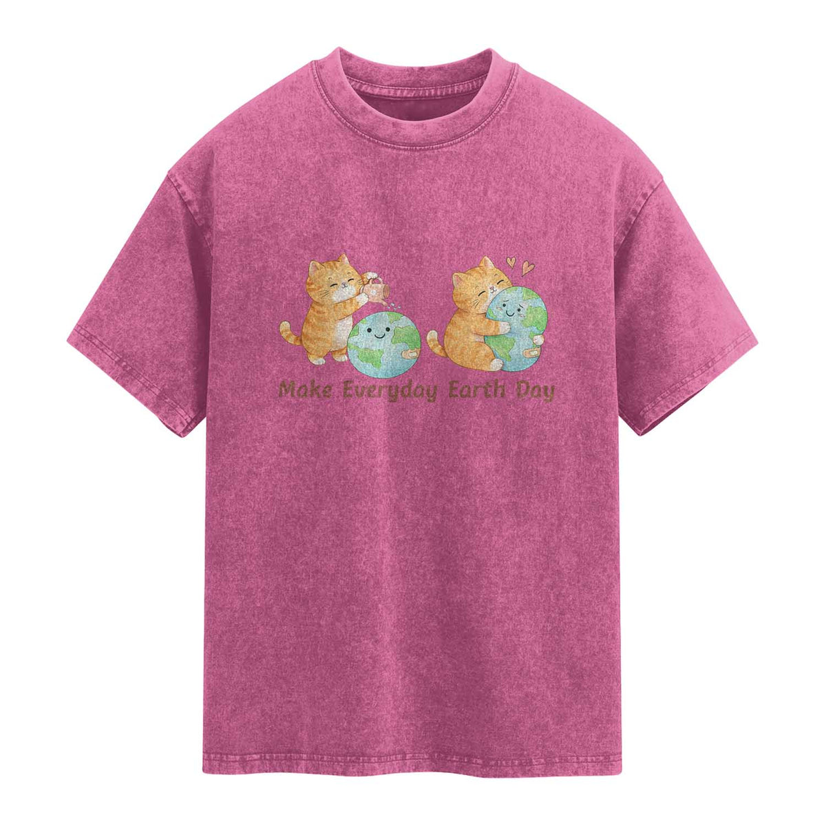 Make Everyday Earth Day Washed Cotton T-Shirt Cute Cat Healing Planet Earth