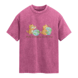Make Everyday Earth Day Washed Cotton T-Shirt Cute Cat Healing Planet Earth