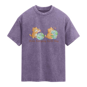 Make Everyday Earth Day Washed Cotton T-Shirt Cute Cat Healing Planet Earth