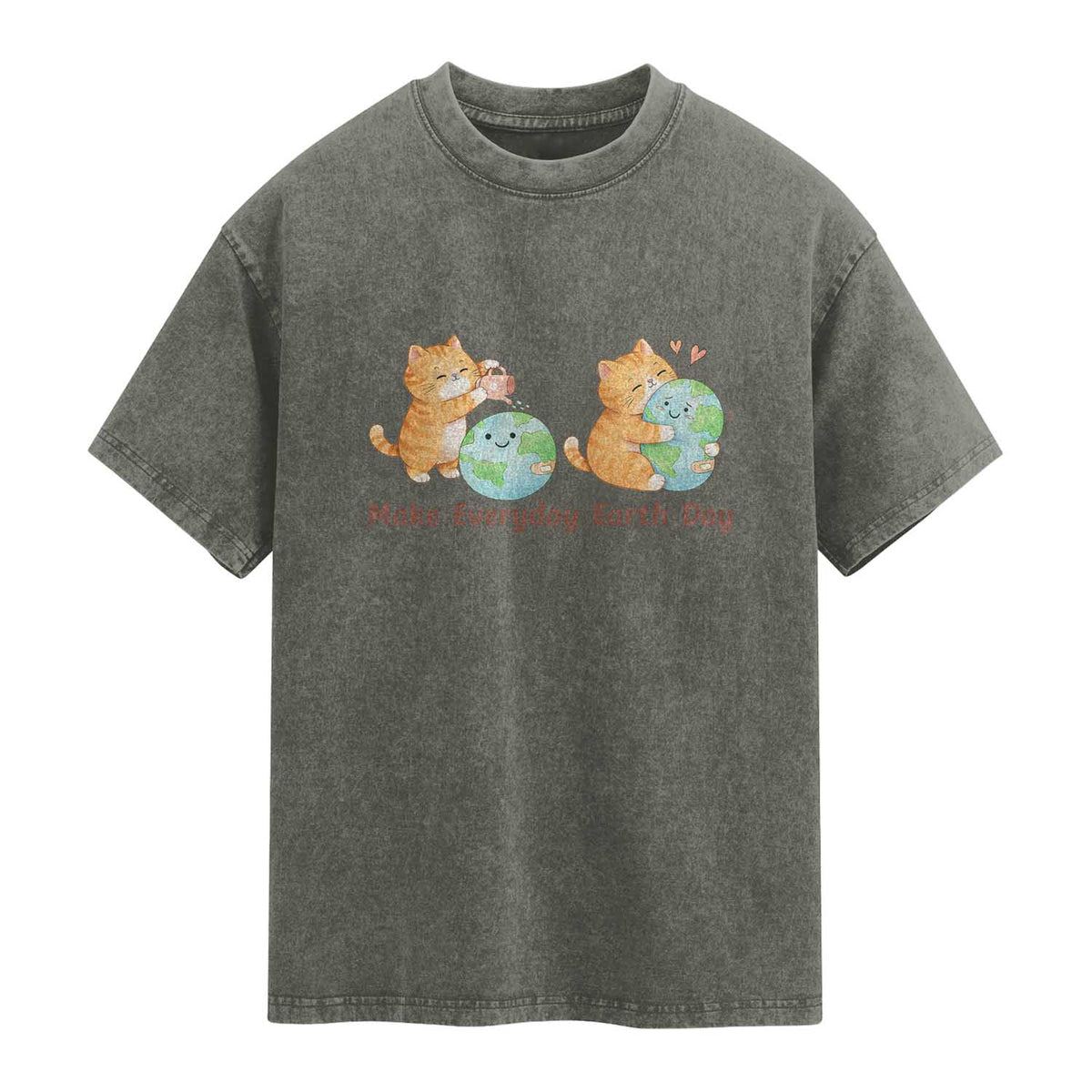 Make Everyday Earth Day Washed Cotton T-Shirt Cute Cat Healing Planet Earth