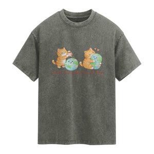 Make Everyday Earth Day Washed Cotton T-Shirt Cute Cat Healing Planet Earth
