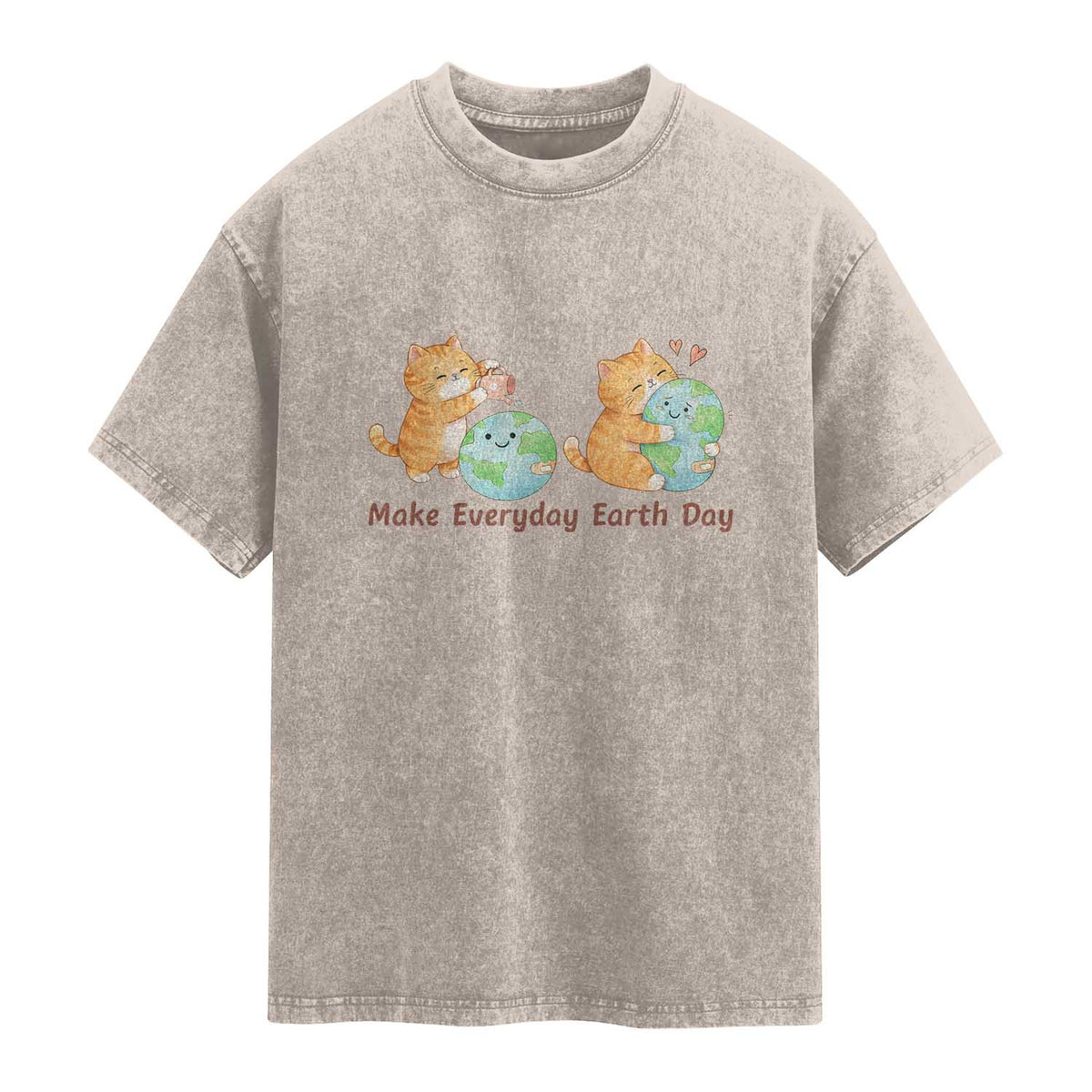 Make Everyday Earth Day Washed Cotton T-Shirt Cute Cat Healing Planet Earth