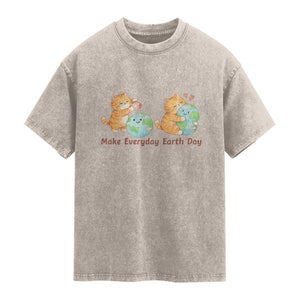 Make Everyday Earth Day Washed Cotton T-Shirt Cute Cat Healing Planet Earth