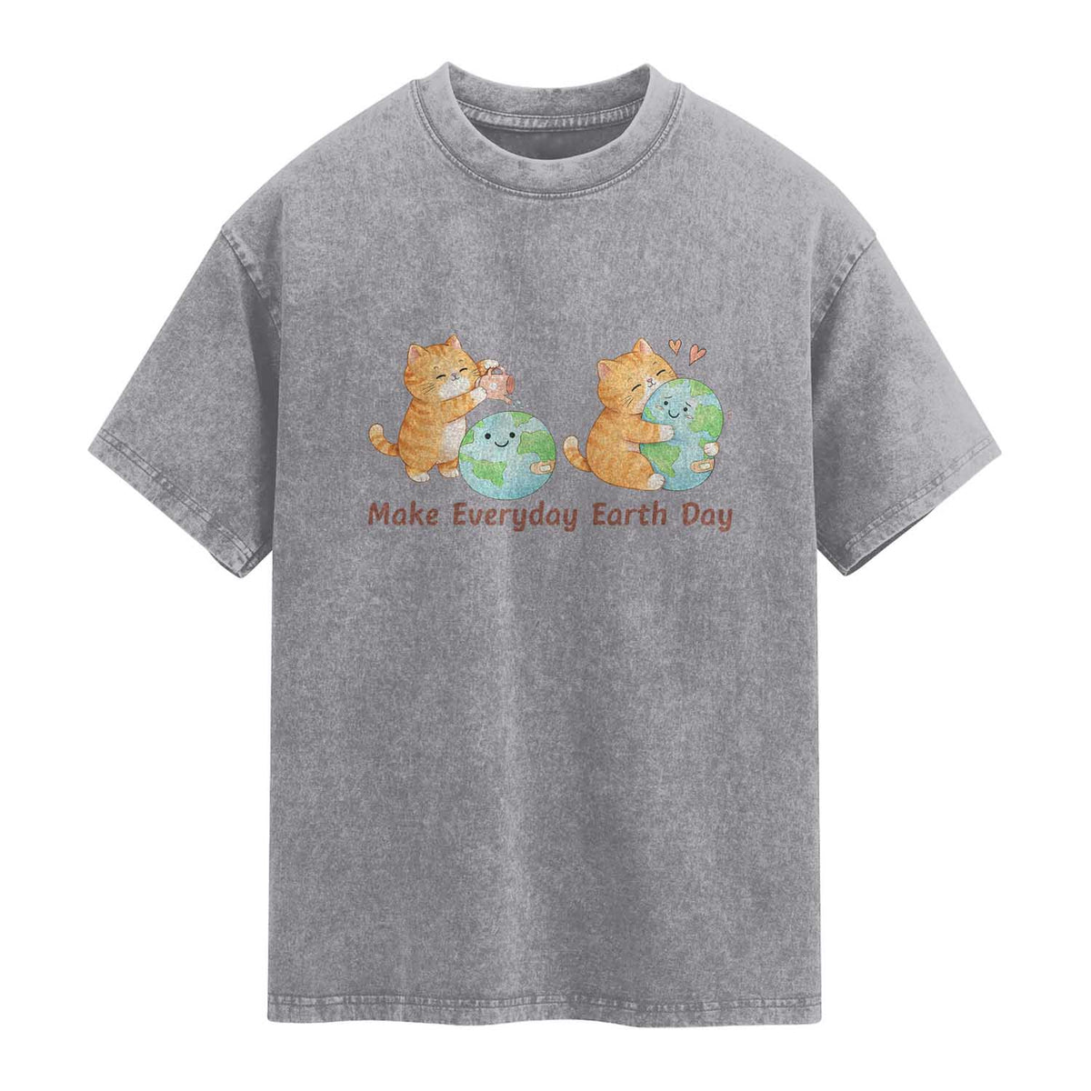 Make Everyday Earth Day Washed Cotton T-Shirt Cute Cat Healing Planet Earth