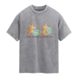 Make Everyday Earth Day Washed Cotton T-Shirt Cute Cat Healing Planet Earth