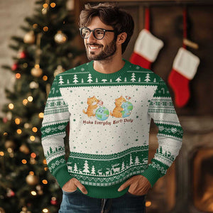 Make Everyday Earth Day Ugly Christmas Sweater Cute Cat Healing Planet Earth TS12 Beige Green Print Your Wear
