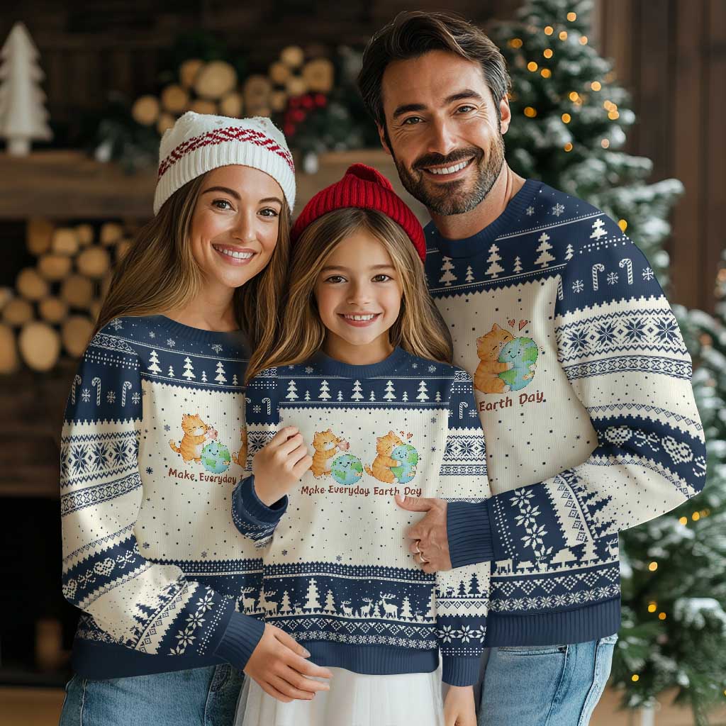Make Everyday Earth Day Ugly Christmas Sweater Cute Cat Healing Planet Earth TS12 Beige Navy Print Your Wear