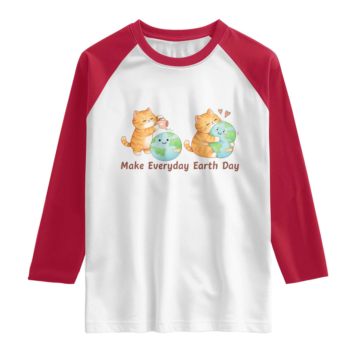 Make Everyday Earth Day Raglan Shirt Cute Cat Healing Planet Earth TS12 White Red Print Your Wear