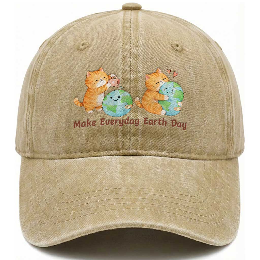 Make Everyday Earth Day Washed Cotton Baseball Cap Cute Cat Healing Planet Earth TS12 Print Your Wear