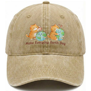 Make Everyday Earth Day Washed Cotton Baseball Cap Cute Cat Healing Planet Earth TS12 Print Your Wear
