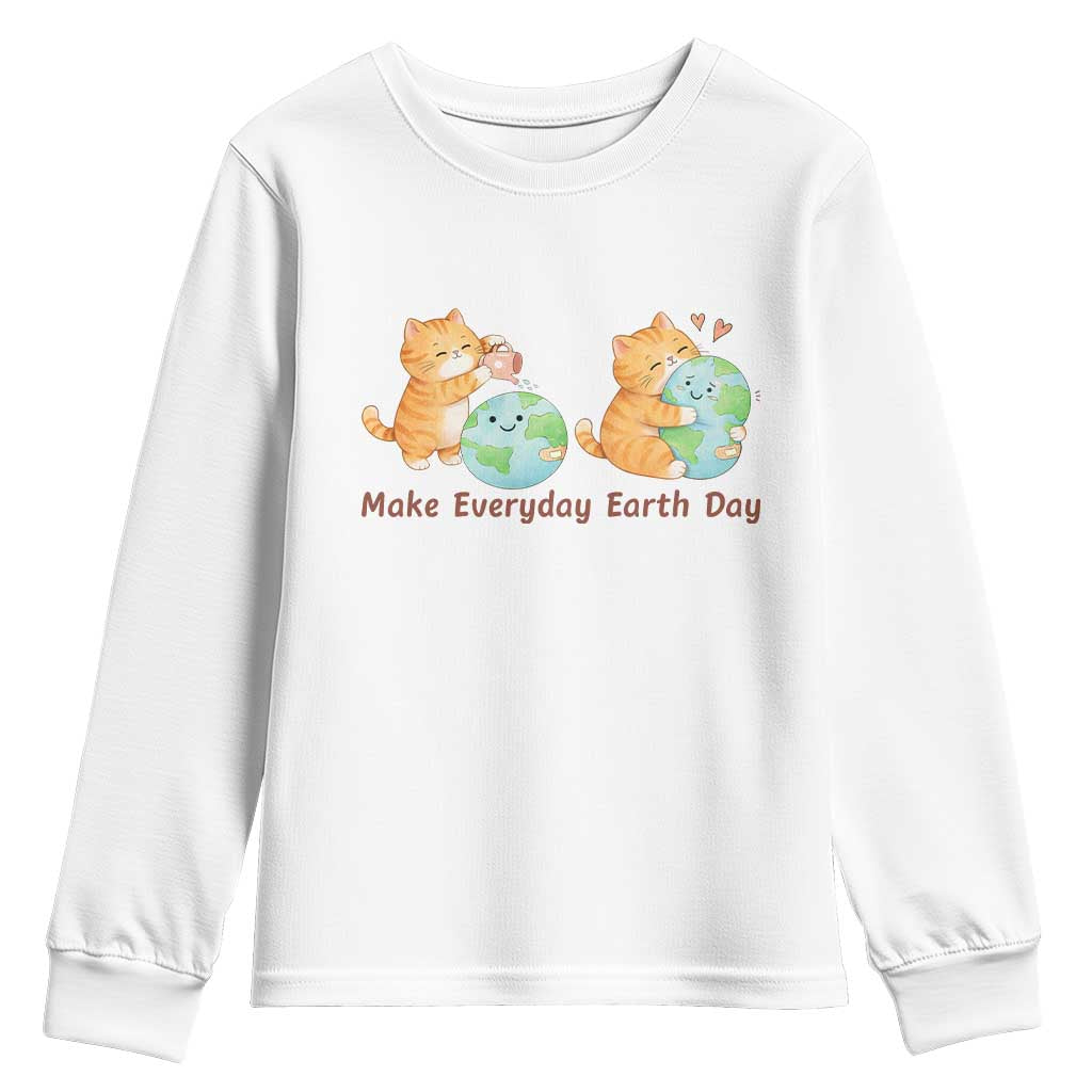 Make Everyday Earth Day Youth Sweatshirt Cute Cat Healing Planet Earth TS12 White Print Your Wear