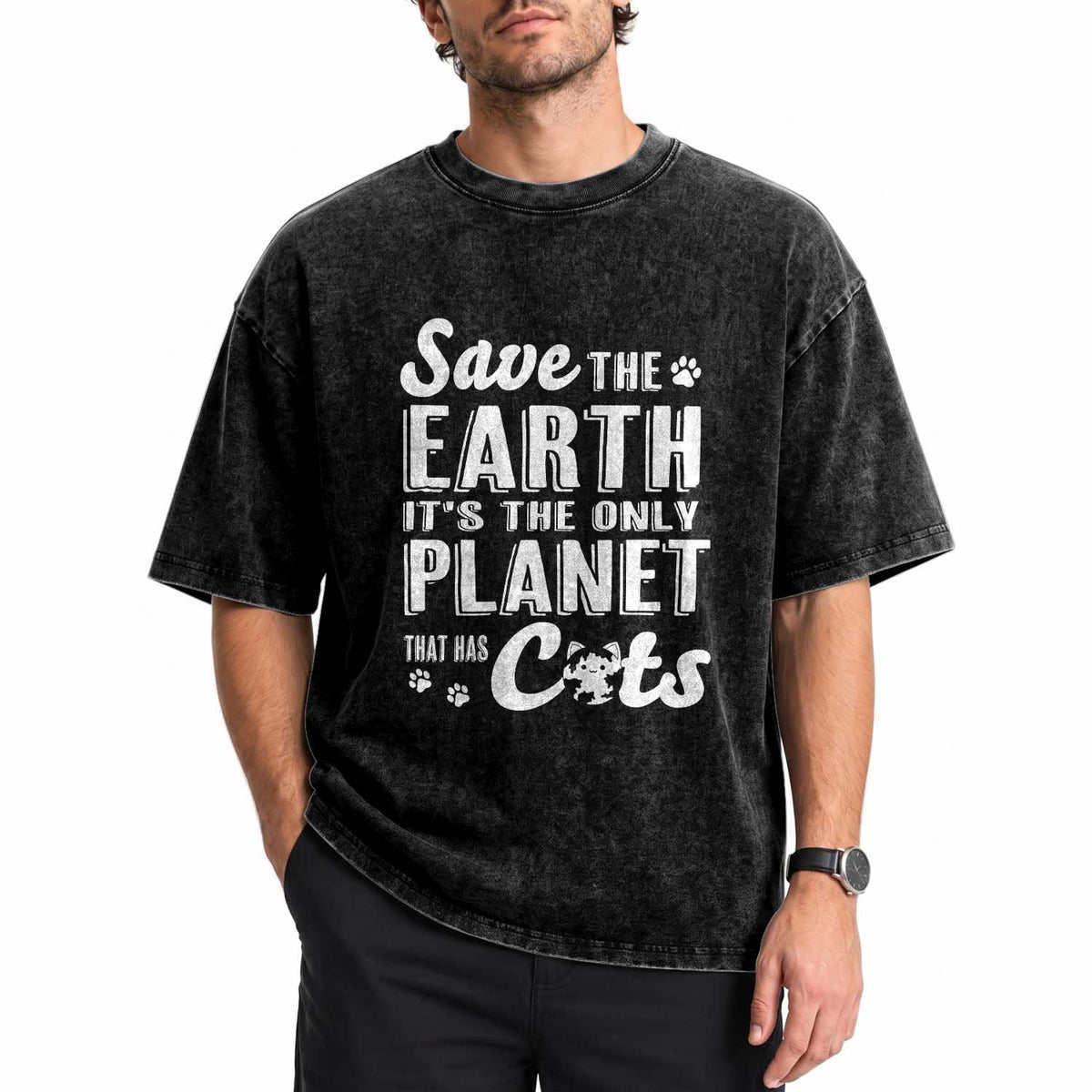 Earth Day Cat Lover Washed Cotton T-Shirt Save Earth Its The Only Planet With Cats