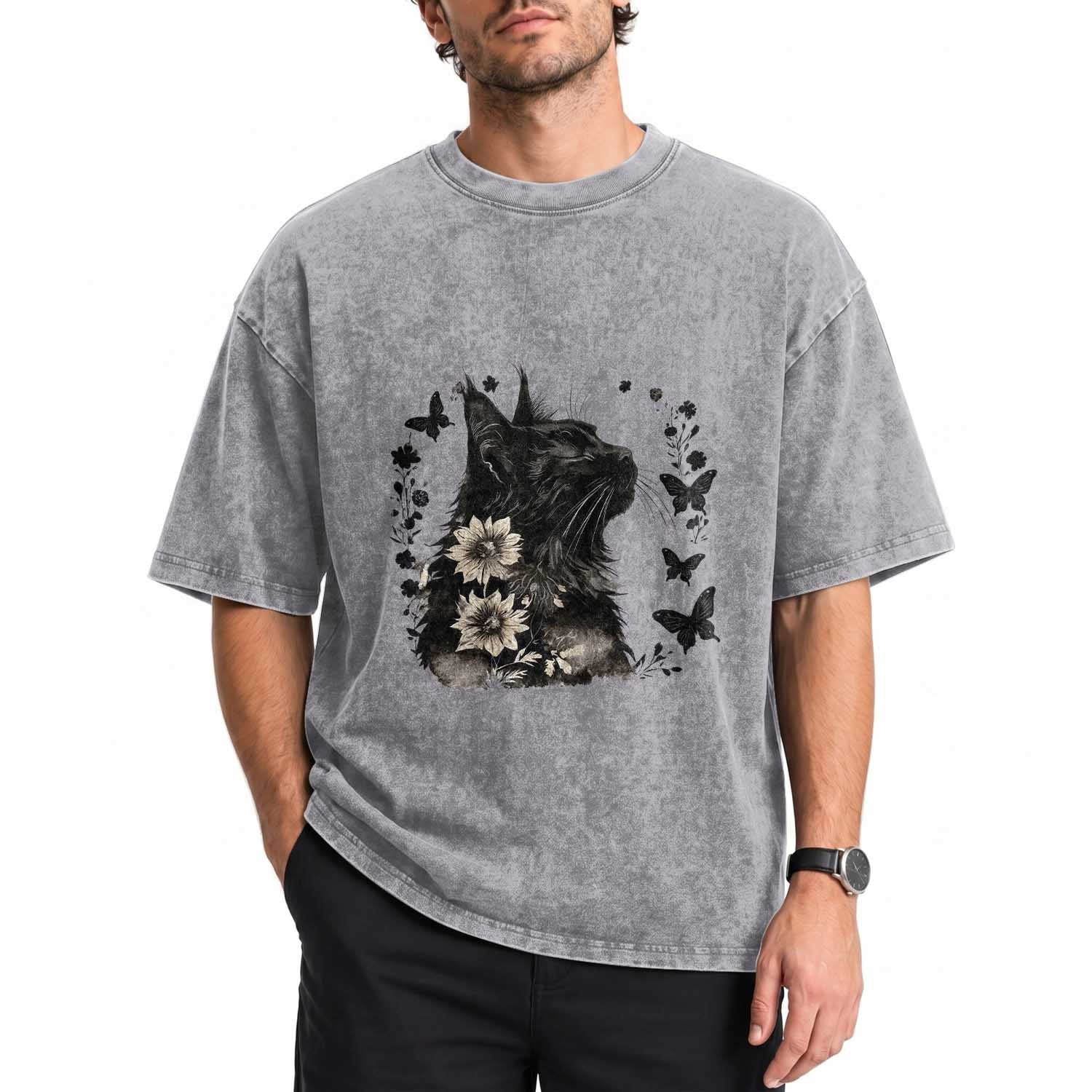 Black Maine Coon Cat Washed Cotton T-Shirt Floral Sunflower Watercolor Gift
