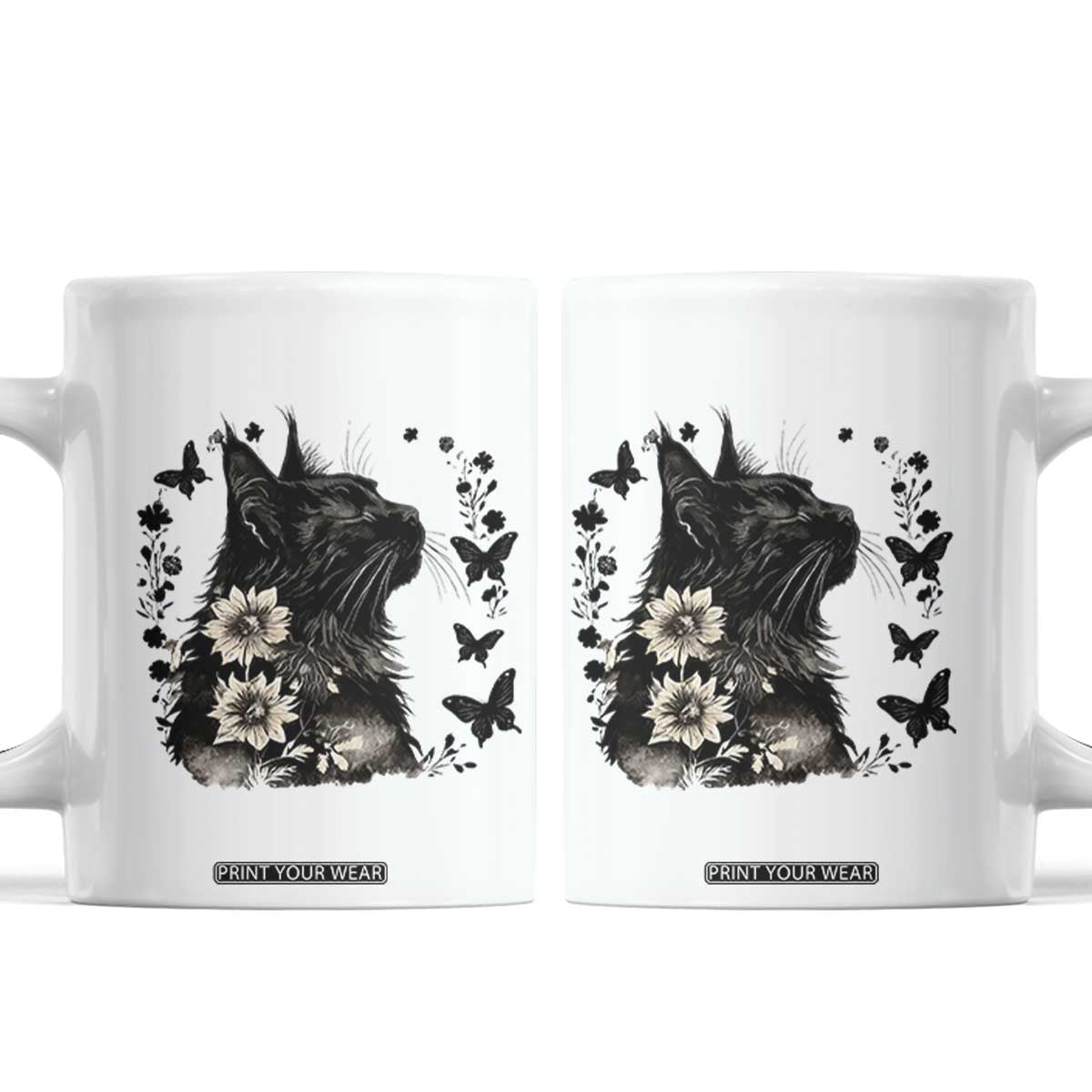 Black Maine Coon Cat Coffee Mug Floral Sunflower Watercolor Gift TS12 White Print Your Wear