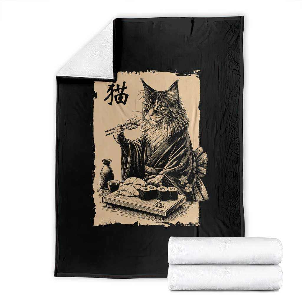 Vintage Japanese Cat Eating Sushi Throw Blanket Funny Maine Coon Kimono Gift TS12 Black Print Your Wear
