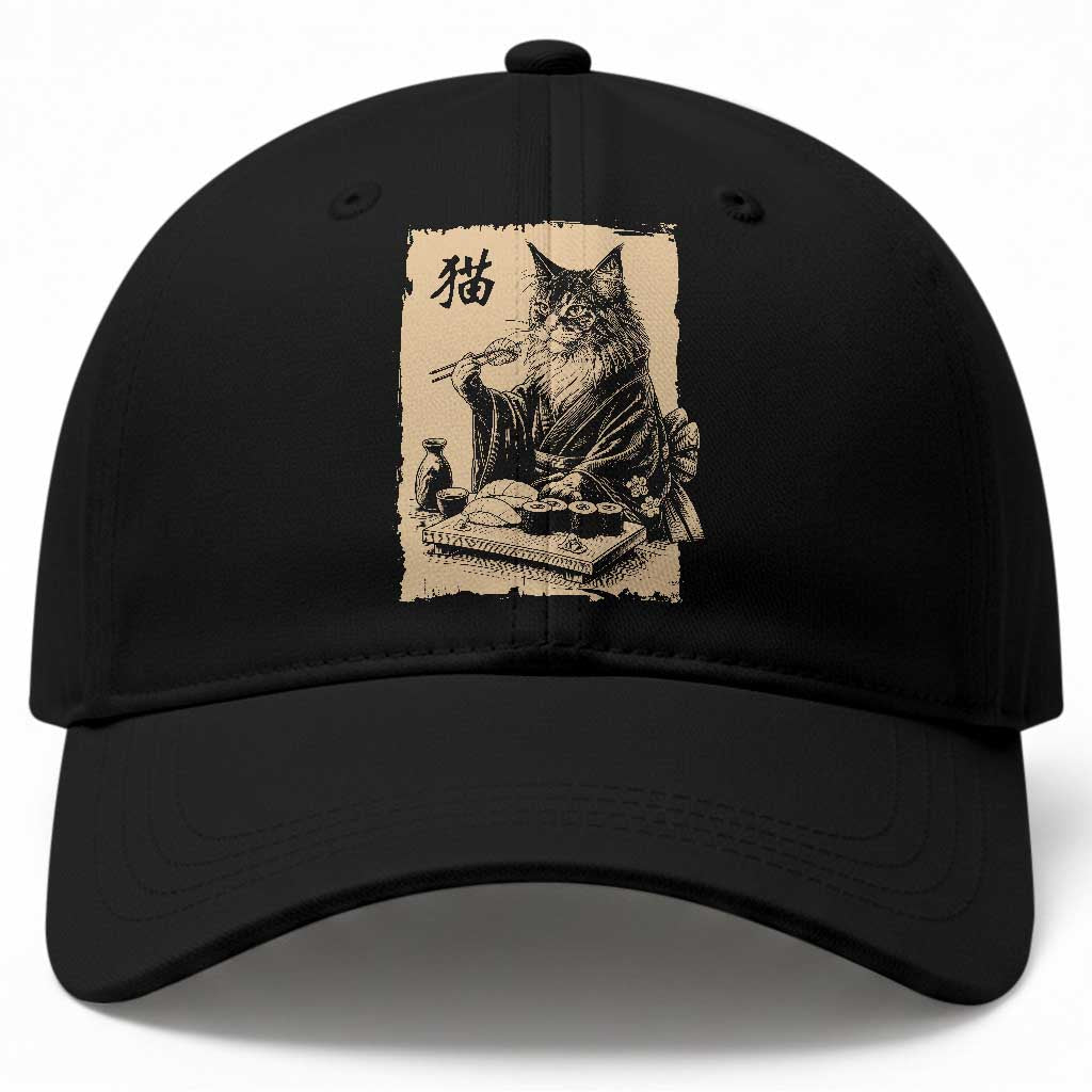 Vintage Japanese Cat Eating Sushi Baseball Cap Funny Maine Coon Kimono Gift TS12 Print Your Wear