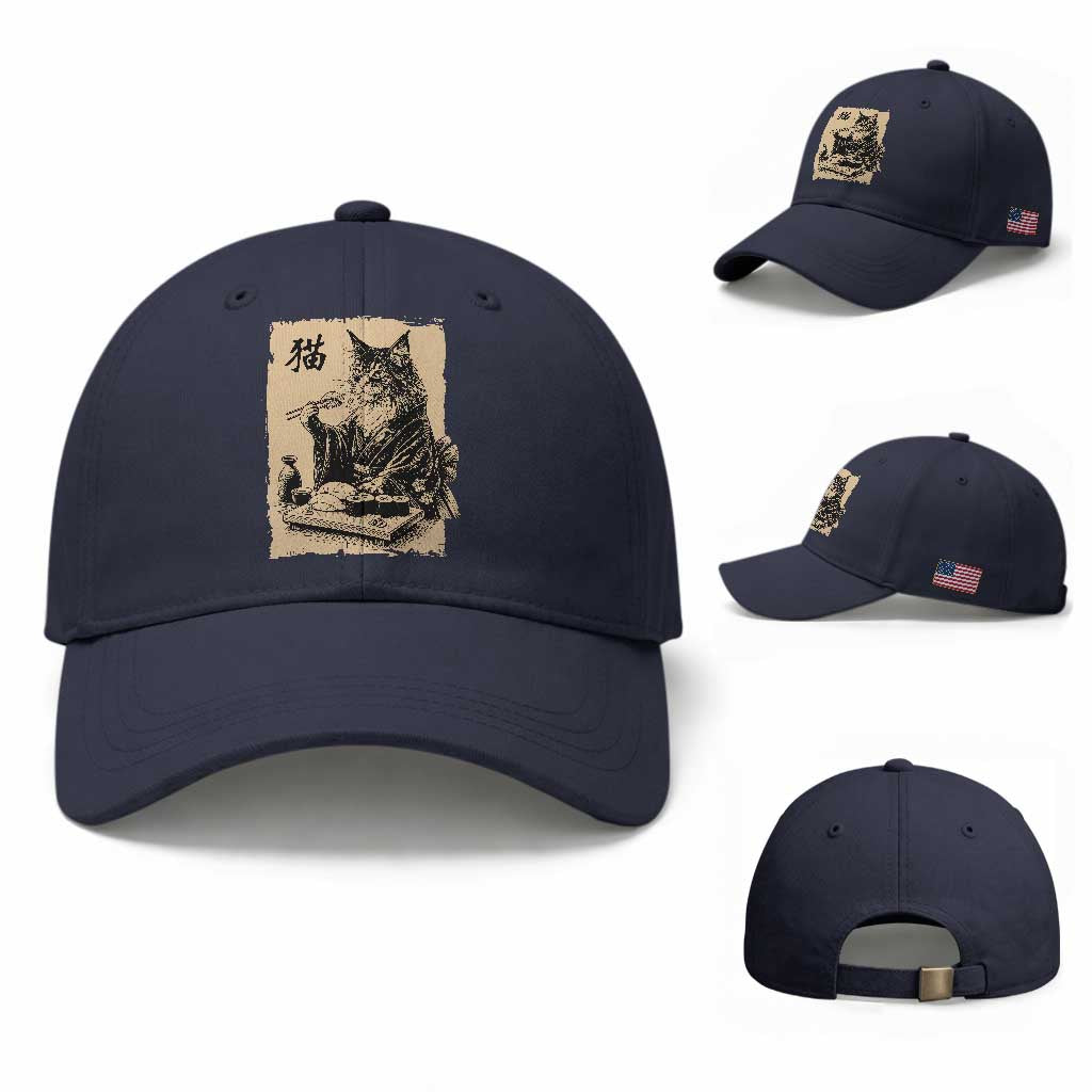 Vintage Japanese Cat Eating Sushi Baseball Cap Funny Maine Coon Kimono Gift TS12 Baseball Cap Universal Fit Navy Print Your Wear