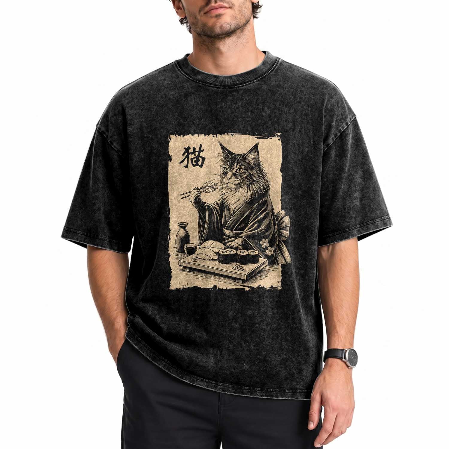Vintage Japanese Cat Eating Sushi Washed Cotton T-Shirt Funny Maine Coon Kimono Gift