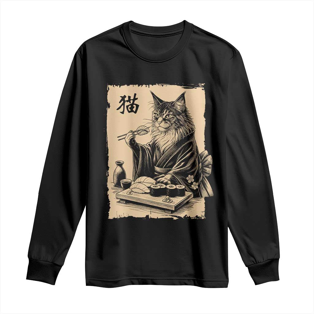 Vintage Japanese Cat Eating Sushi Long Sleeve Shirt Funny Maine Coon Kimono Gift TS12 Black Print Your Wear