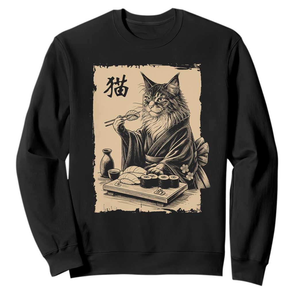 Vintage Japanese Cat Eating Sushi Sweatshirt Funny Maine Coon Kimono Gift TS12 Black Print Your Wear